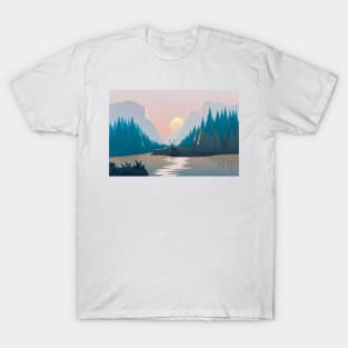 Landscape illustration with a deer, river, spruce forest and mountains at sunset T-Shirt